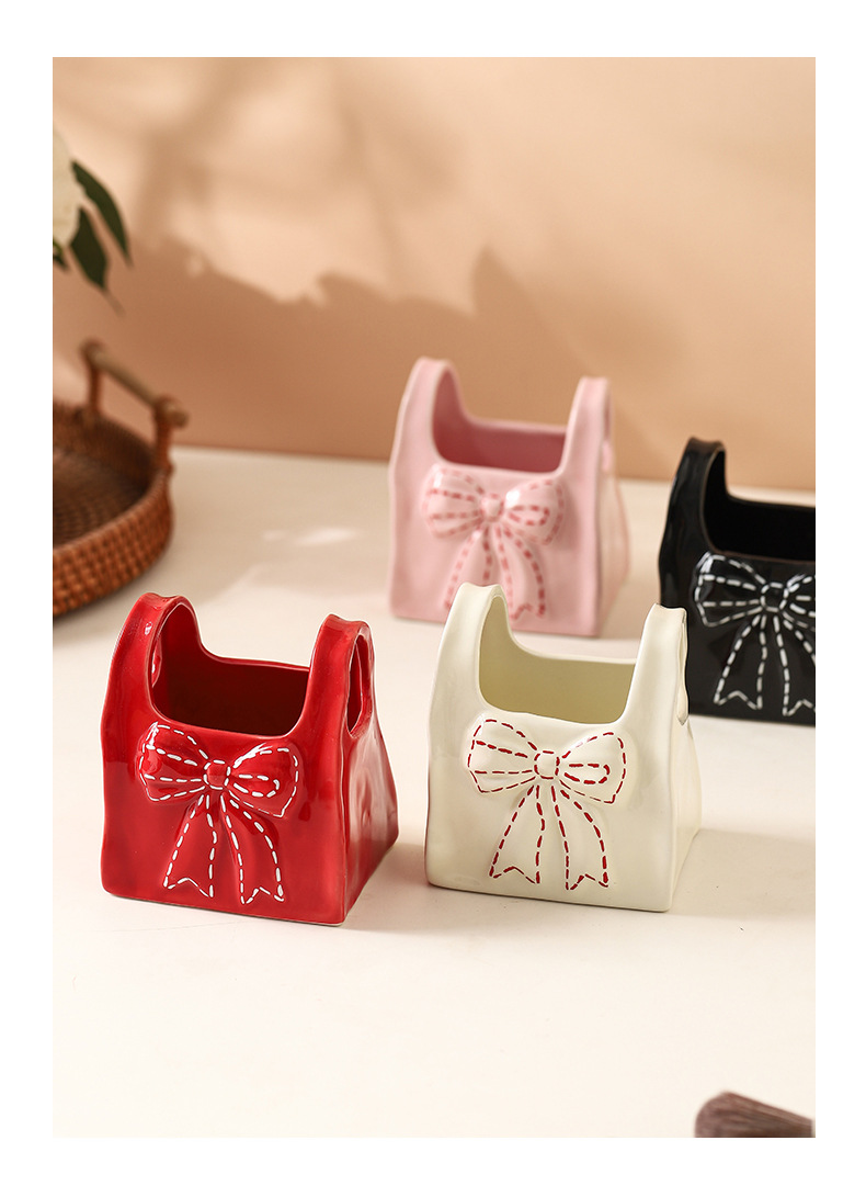 Desktop remote control, makeup brush storage box, creative bow, ceramic pen holder, home organizing stationery storage box pic 5