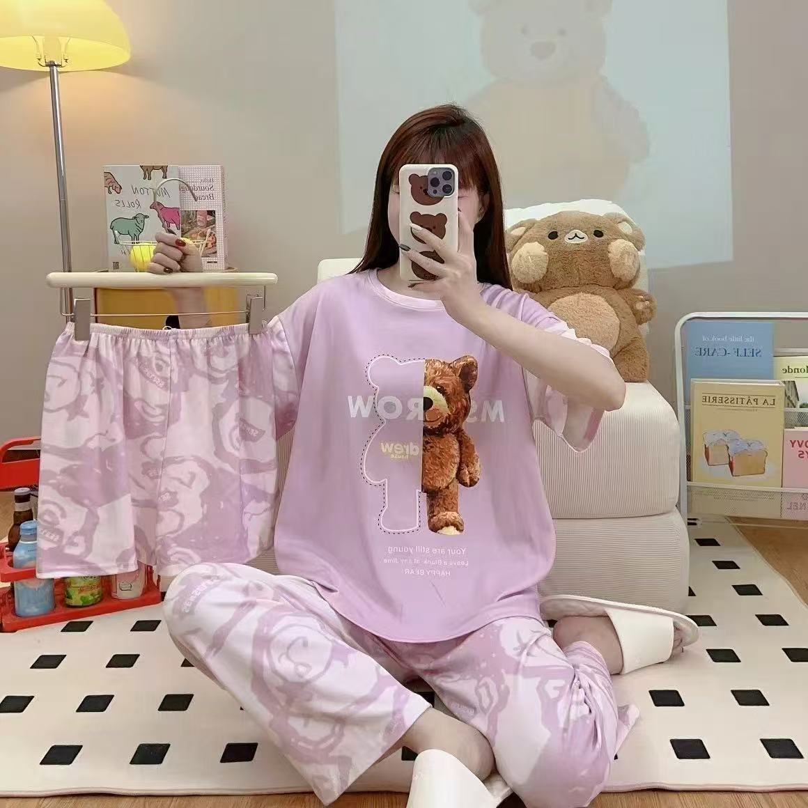 pajamas外贸工厂批发卡通夏季睡衣女短袖大码长裤三件套家居套装详情48