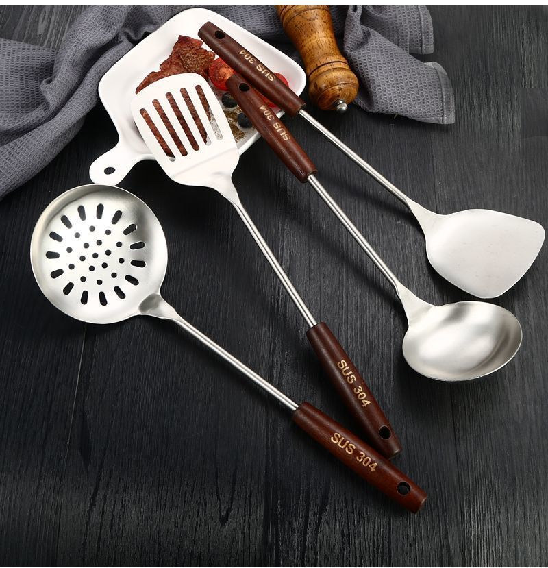 304 stainless steel spatula for household kitchen, thickened iron frying spatula, strainer, wooden handle, anti-scald kitchenware set pic 18