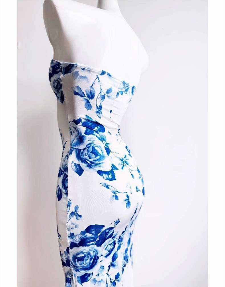 New Chinese-style slimming off-the-shoulder printed dress, blue and white porcelain body-hugging fishtail dress, sexy slit dance dress for socialite pic 18