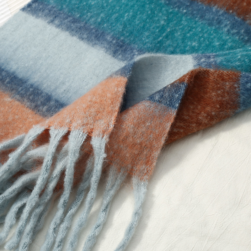 Korean striped scarf for women in autumn and winter, colorful mohair, warm and versatile shawl, atmosphere, trendy and fashionable scarf pic 10