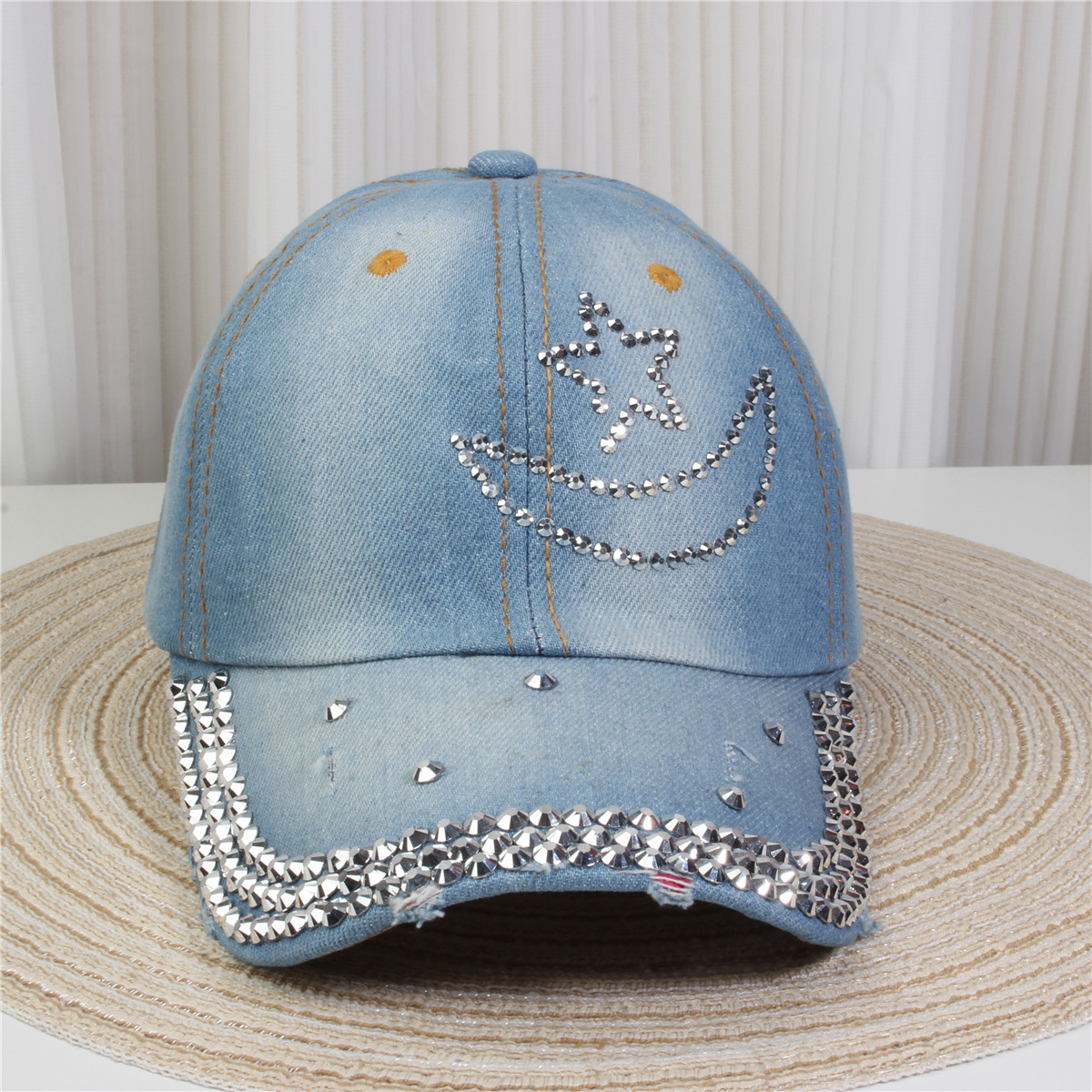 2024新款女士水钻镶钻牛仔布时尚洋气鸭舌帽休闲显脸小成人棒球帽详情1