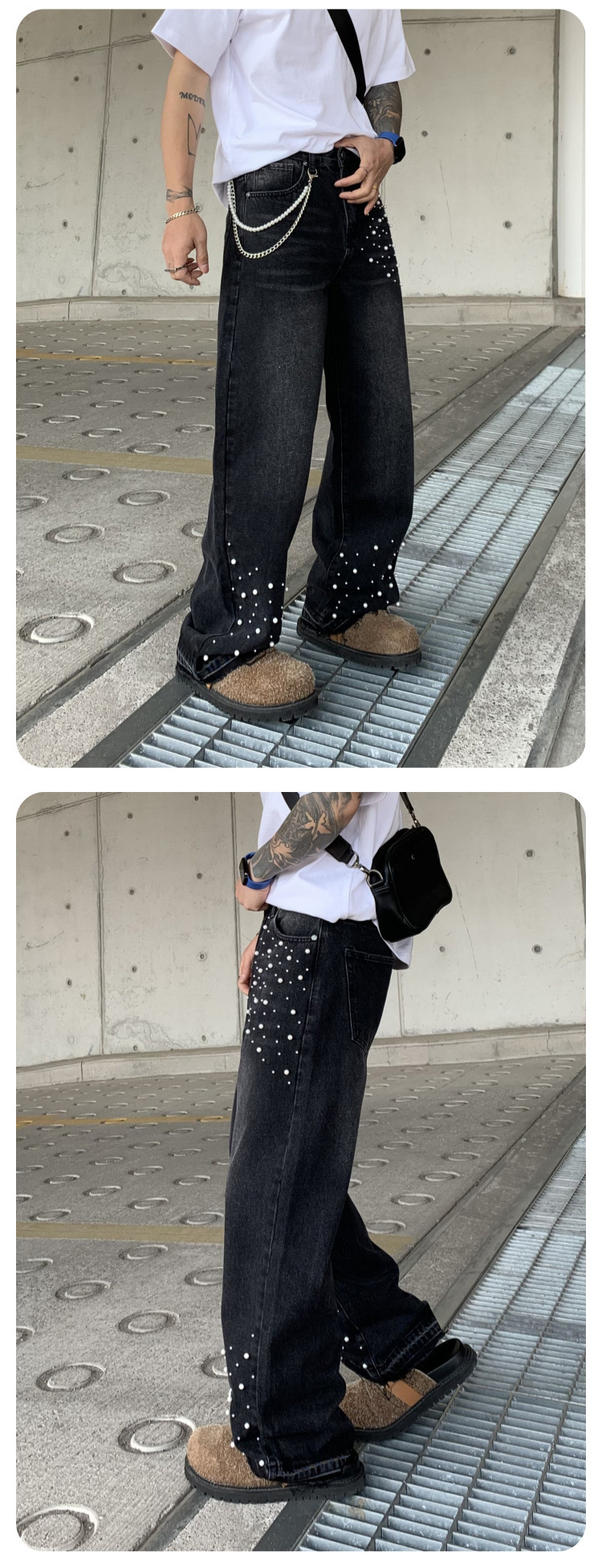 Cross-border Parisian style beaded jeans for men, 2025 new trendy streetwear brand loose straight-leg wide-leg pants for men pic 15