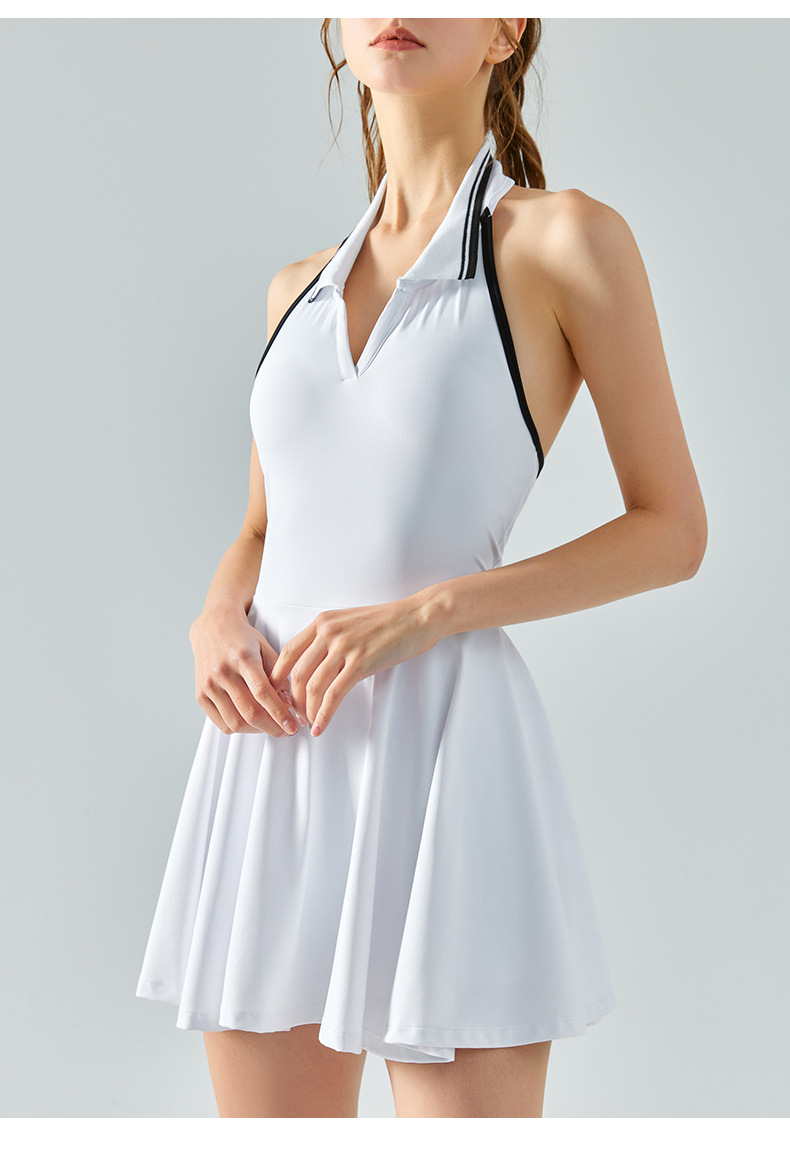 New halter-neck contrasting color lapel sports one-piece dress for women with chest pads, fitness, revealing back and anti-glare tennis dress pic 32