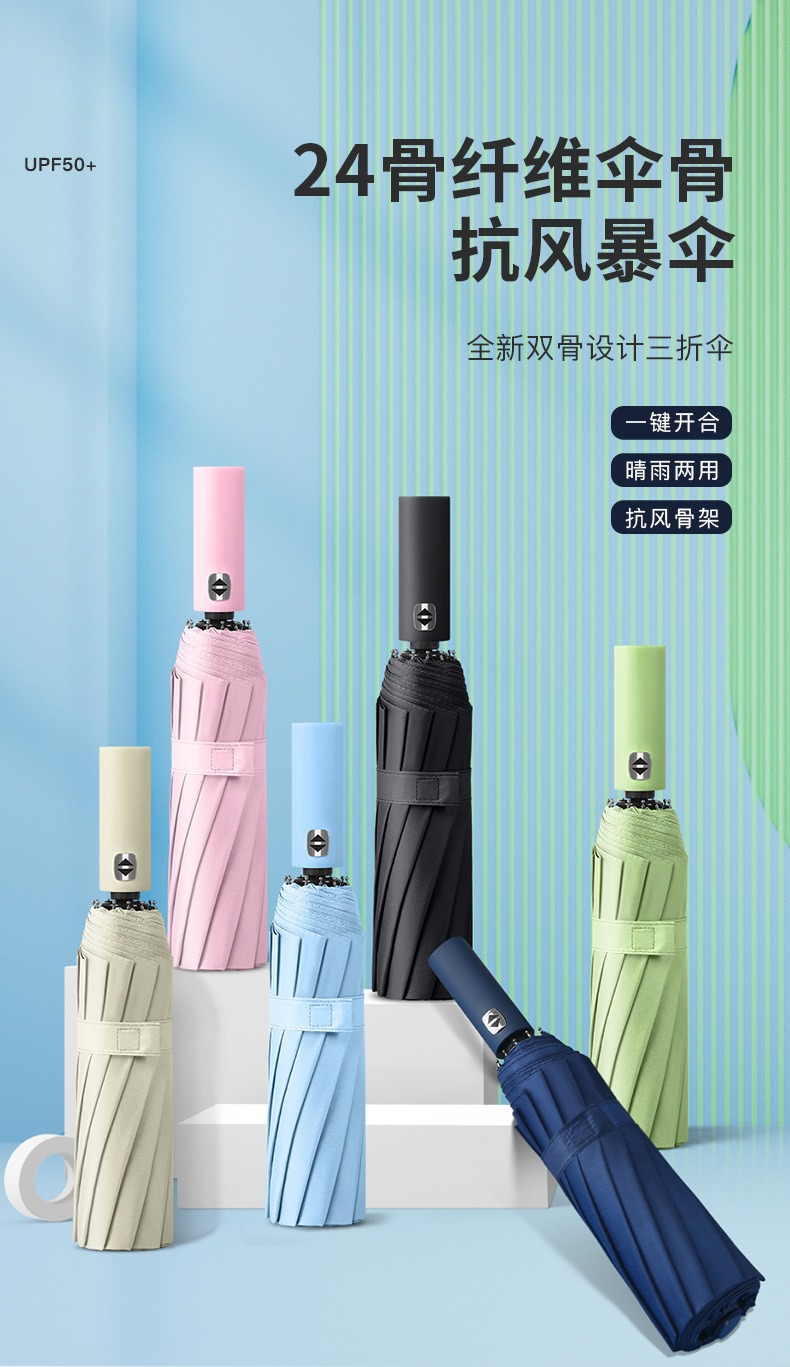24骨雨伞加大加固男款学生三折伞防紫外线太阳伞广告伞批发定制详情1