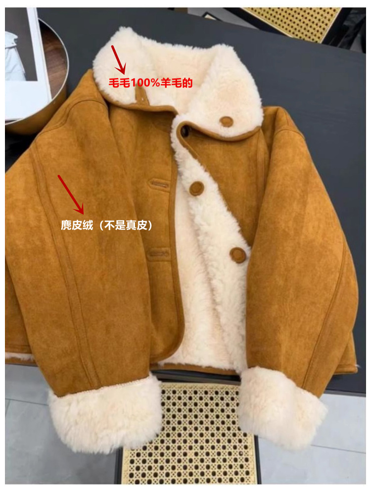 海宁皮草批发冬季新款皮毛一体麂皮绒羊羔毛外套女加绒真毛毛大衣详情4