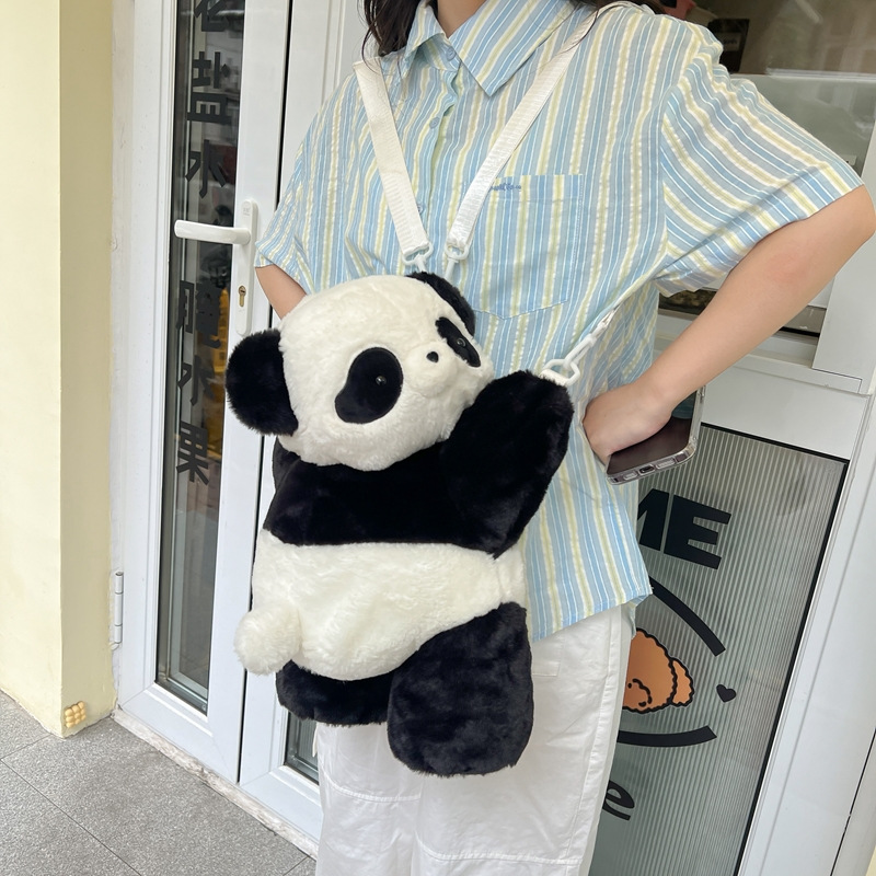 2024新款时尚熊猫双肩包清新甜美可爱卡通毛绒玩具包仿真抱枕背包详情19
