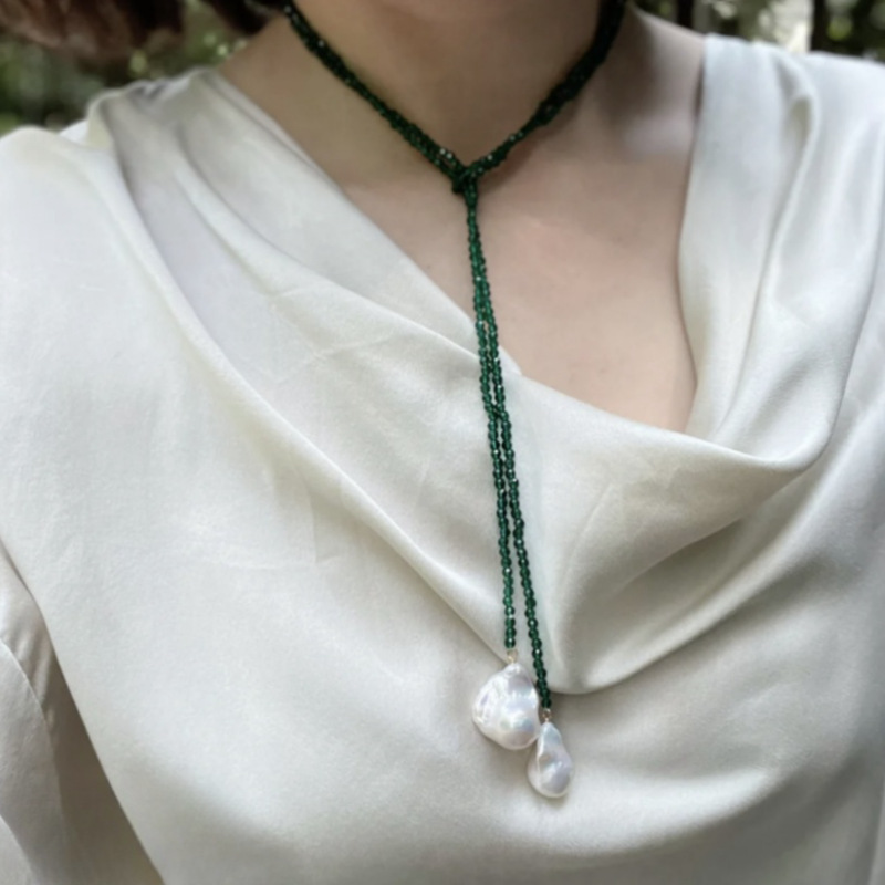 时尚超长珍珠绿尖晶串珠项链女长款毛衣链小众设计感气质颈链配饰详情2