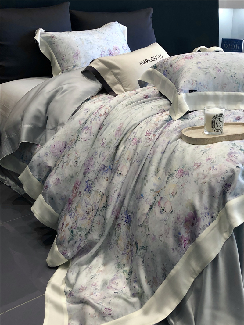 Cool ultra-fine denier Tencel summer light and cool condensation filament four-piece set, elegant printed sweat-absorbing nude bedding pic 29