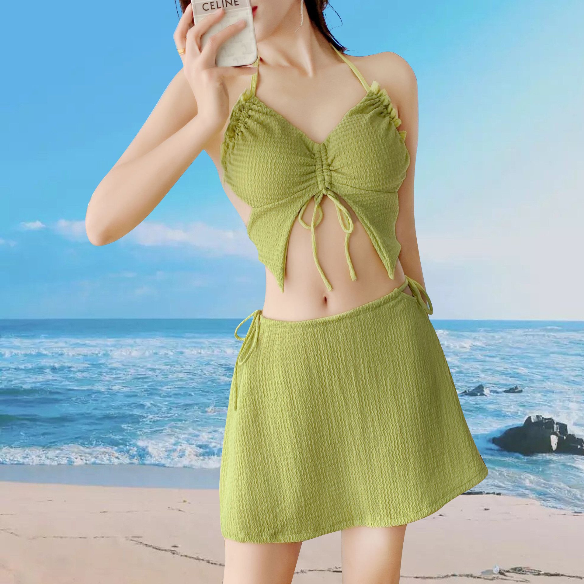 纯欲风分体裙式泳衣女绑带吊带小胸聚拢纯色度假泳池比基尼套装-107041 pic 8