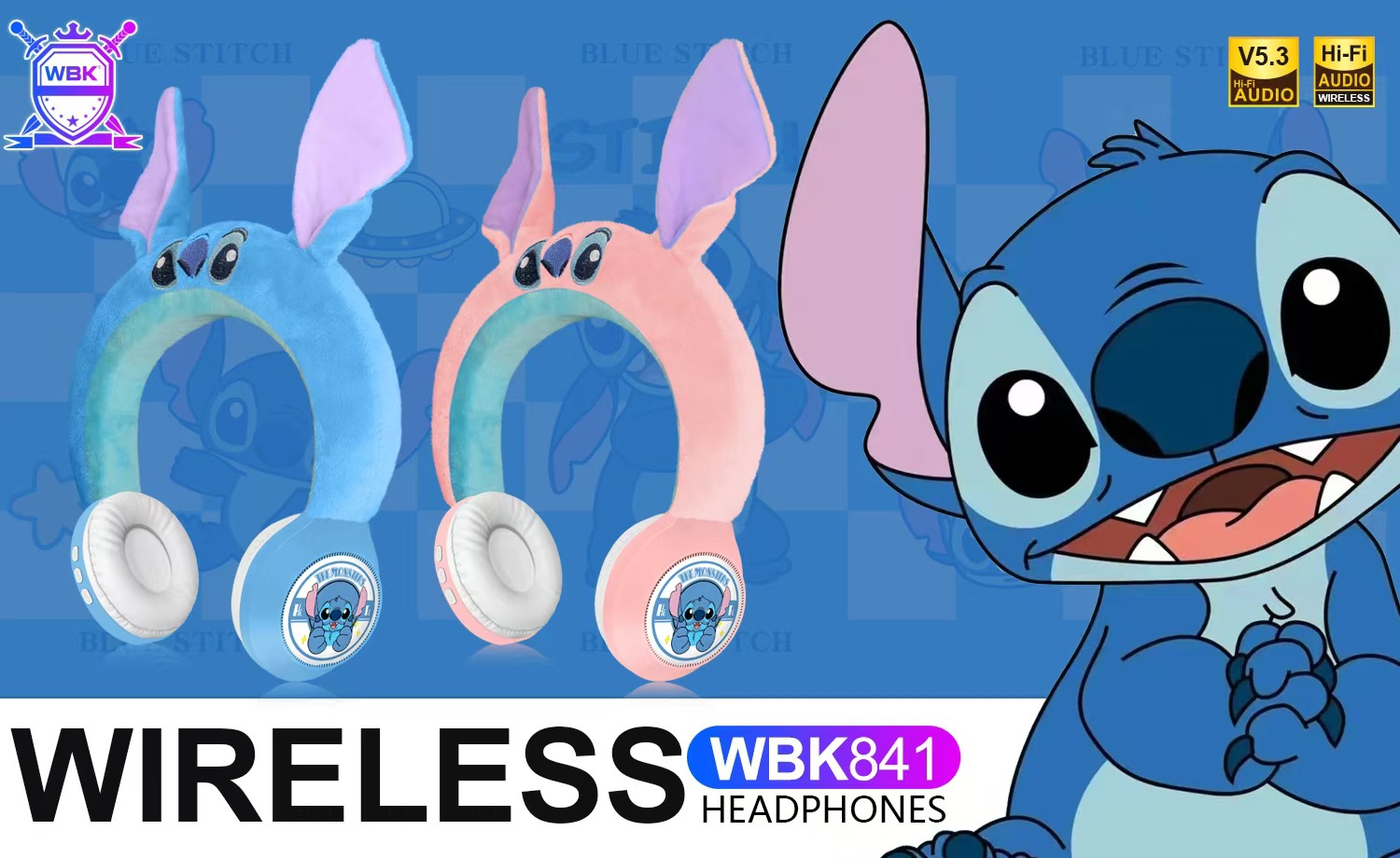 WBK-841新款创意卡通史迪仔毛绒头戴蓝牙耳机礼品无线儿童跨境外详情3