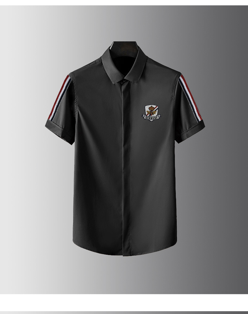 夏季新款男士修身天丝棉免烫时尚商务衬衫织带徽章短袖男衬衫详情11