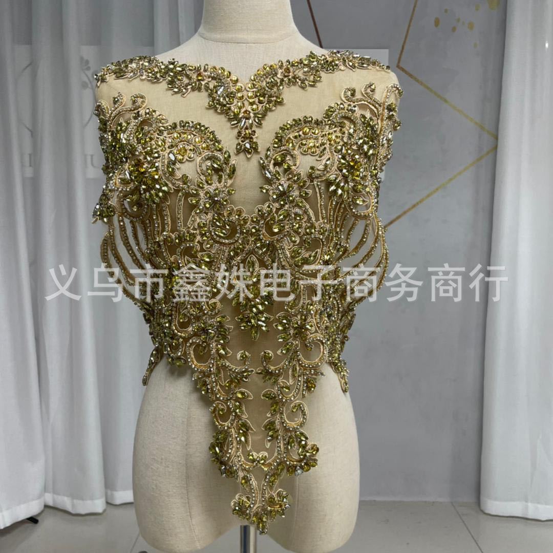 Gold decal 45X53cm hand-stitched beaded lace decal for wedding dress decoration pic 1