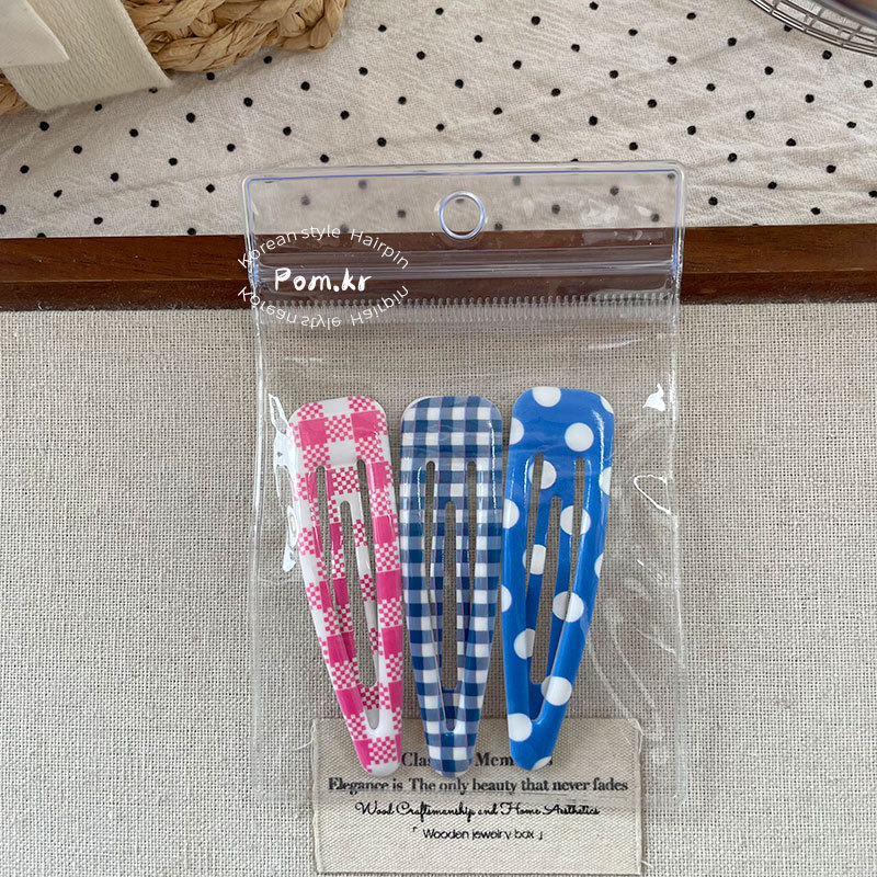 新款韩版水滴波点少女前额碎发夹袋装格纹儿童彩色侧边掰掰夹发饰详情12