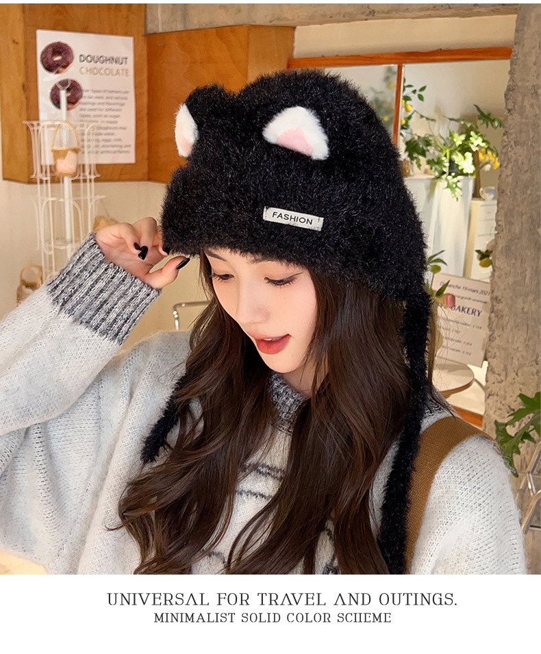 Brand [Sondona] Woolen hat, suitable for all ages, new winter style for women, cartoon and cute little cat, knitted woolen faux rabbit fur, warm ear-protecting hood pic 22
