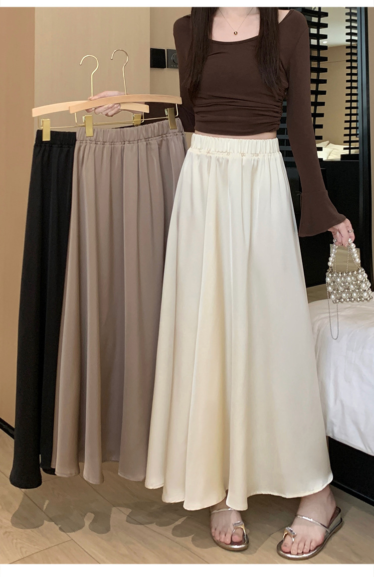 French acetate satin half skirt for women 2024 Spring/Summer pleated long skirt with elastic and tight waist, A-line large swing umbrella skirt pic 35