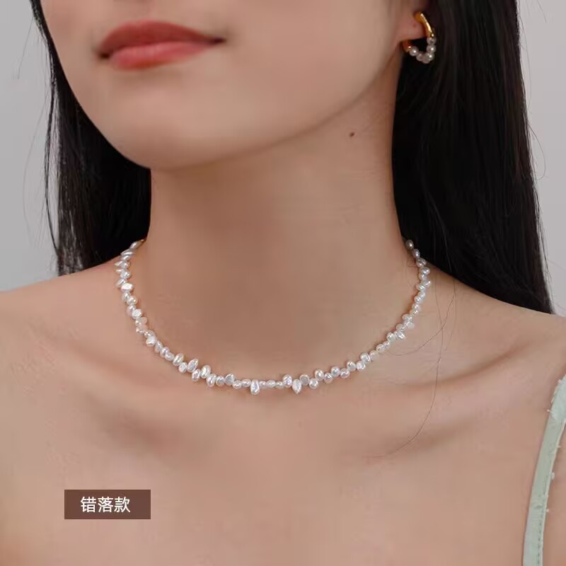 Misaligned hole small particle natural freshwater Baroque small pearl necklace for women, 925 sterling silver niche collarbone chain wholesale pic 3
