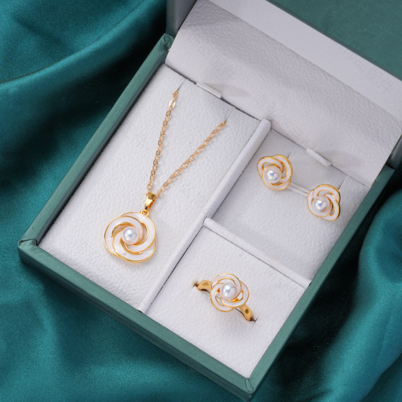 Pearl ring, earneedle pendant, three-piece set, empty stand, four-petal flower, white butterfly shell design, high-end DIY light luxury earrings pic 39