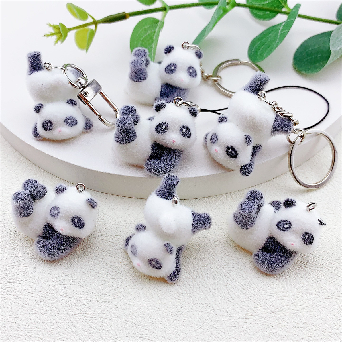 New resin flocking three-dimensional cartoon cute panda mobile phone chain keychain DIY accessory pendant pic 2