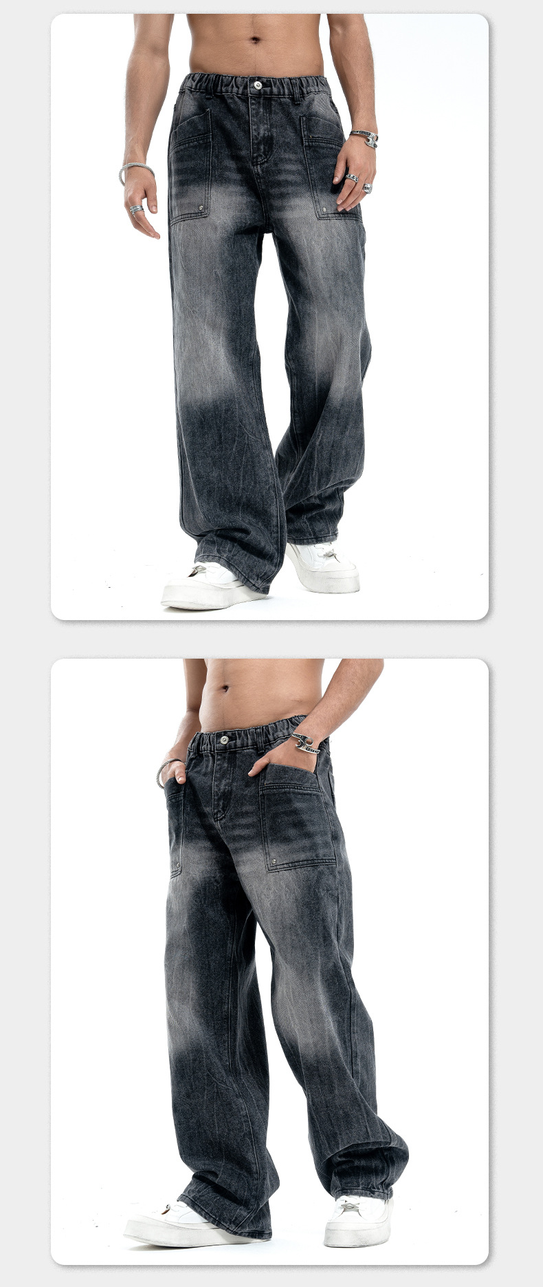 LAWFOO美式复古高街牛仔裤男女水洗做旧宽松阔腿直筒潮牌高街裤子详情8