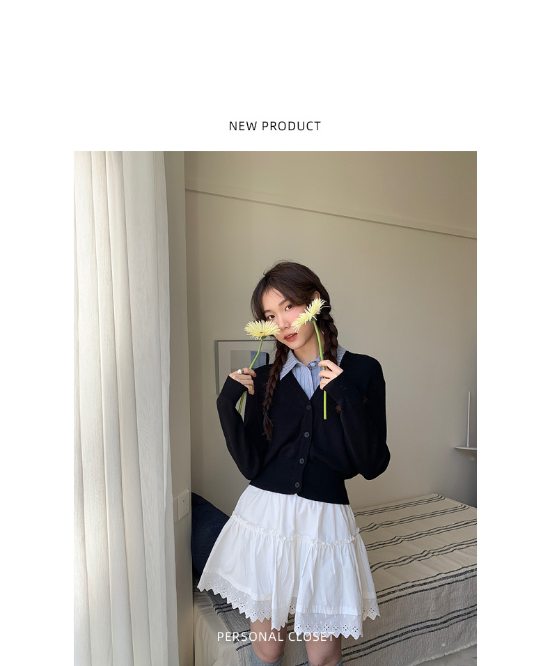 【jisoo风假两件】歌铭韩版POLO领针织开衫女2025秋季上衣X8207F详情8