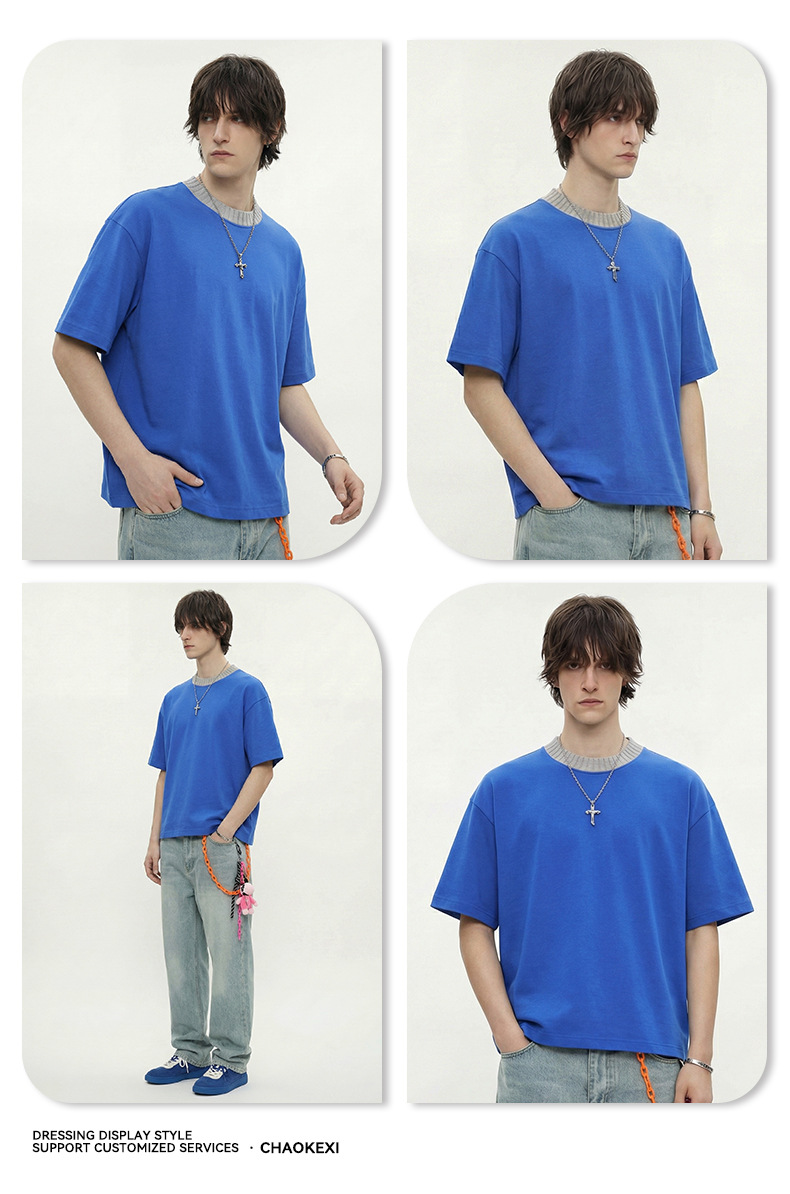 Summer new knitted patchwork color-blocking collar 100% cotton short-sleeved American trendy brand versatile short T-shirt top for men pic 9