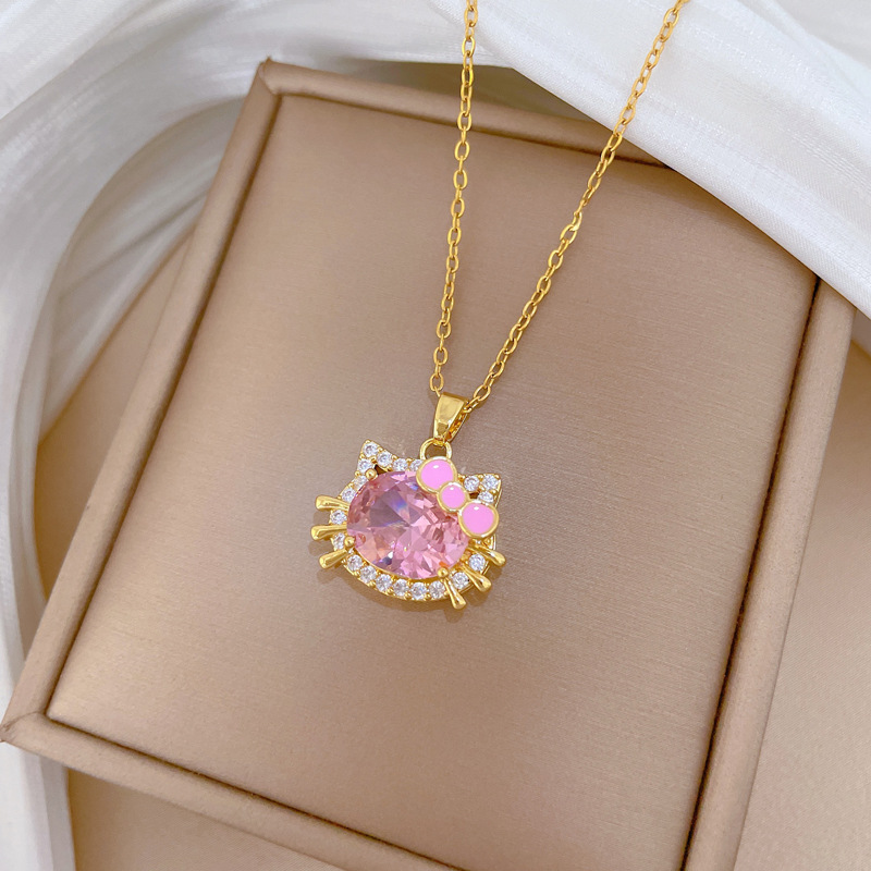 【钛钢】粉色猫咪蝴蝶结轻奢气质华丽满钻项链女百搭锁骨钛钢链详情11