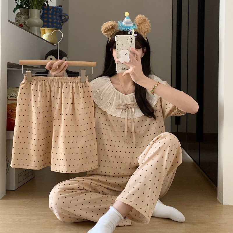 跨境外贸爆款三件套睡衣女短袖短裤长裤甜美大翻领蕾丝花边家居服详情10