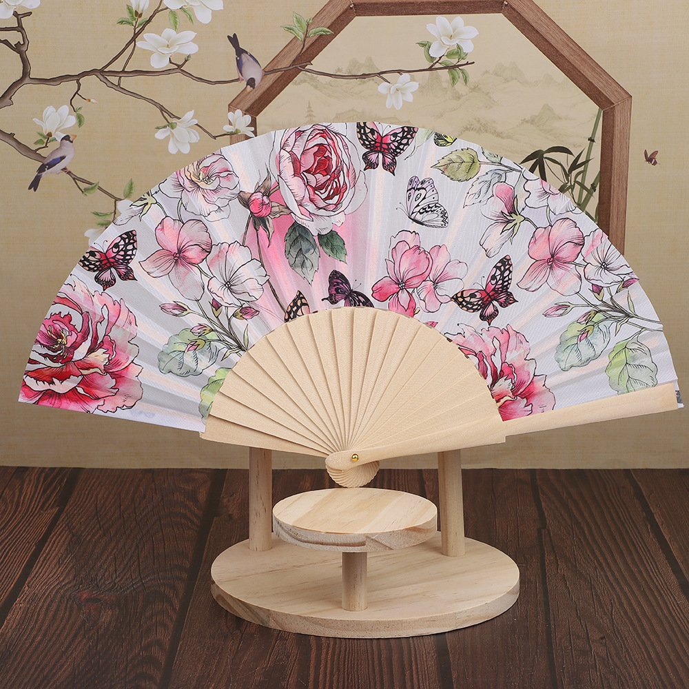 女士古风折扇色丁布扇子 原色骨冲花礼品促销扇子小巧精致夏季扇详情5