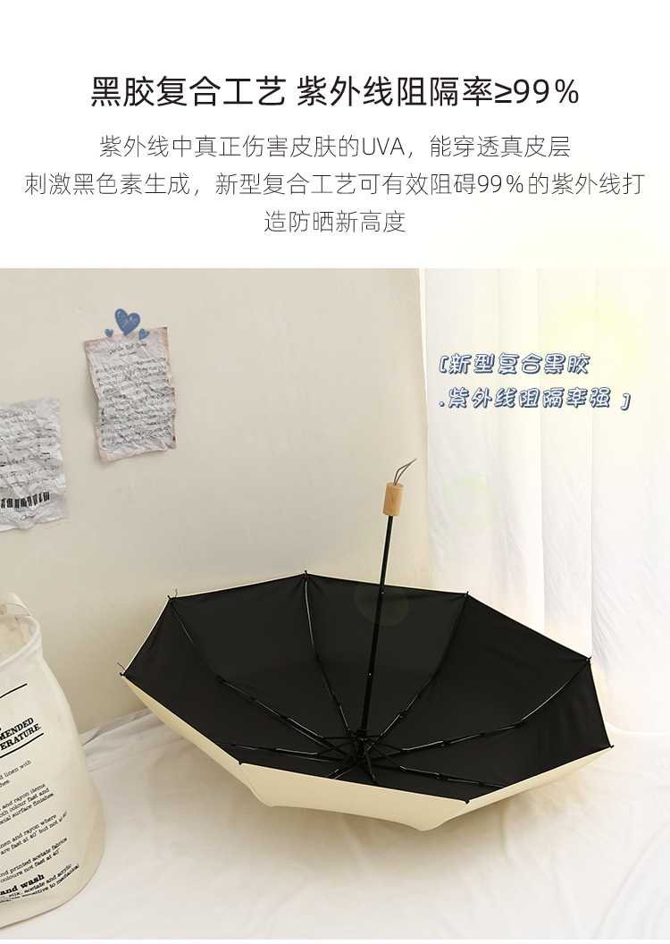 8骨手开简约实木手柄黑胶遮阳伞三折太阳伞雨伞印logo广告雨伞详情19