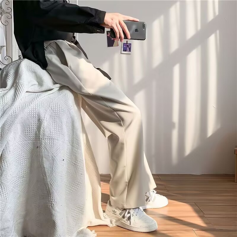 Primavera verano simple recto caída sentido mop pantalones para hombres holgada versión coreana caída sentido pantalones pantalones casuales de pierna ancha vestido formal pic 12