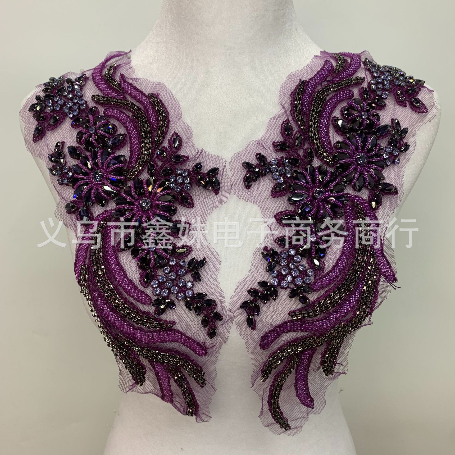 金AB手工钉珠蕾丝凤尾对花 婚纱礼服贴花详情22