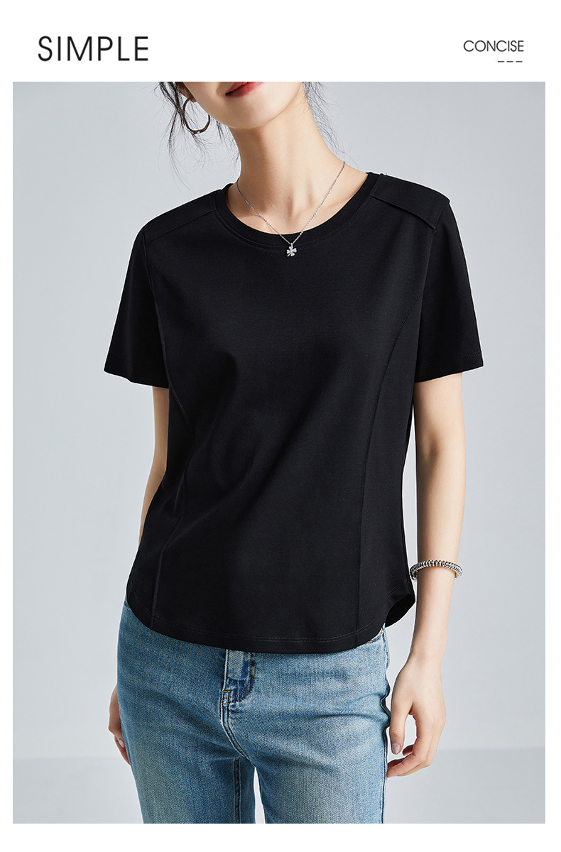 The same style of white short-sleeved off-the-shoulder T-shirt for women in the mall, 25 summer mercerized cotton round-neck base layer T-shirt, half-sleeved pic 35