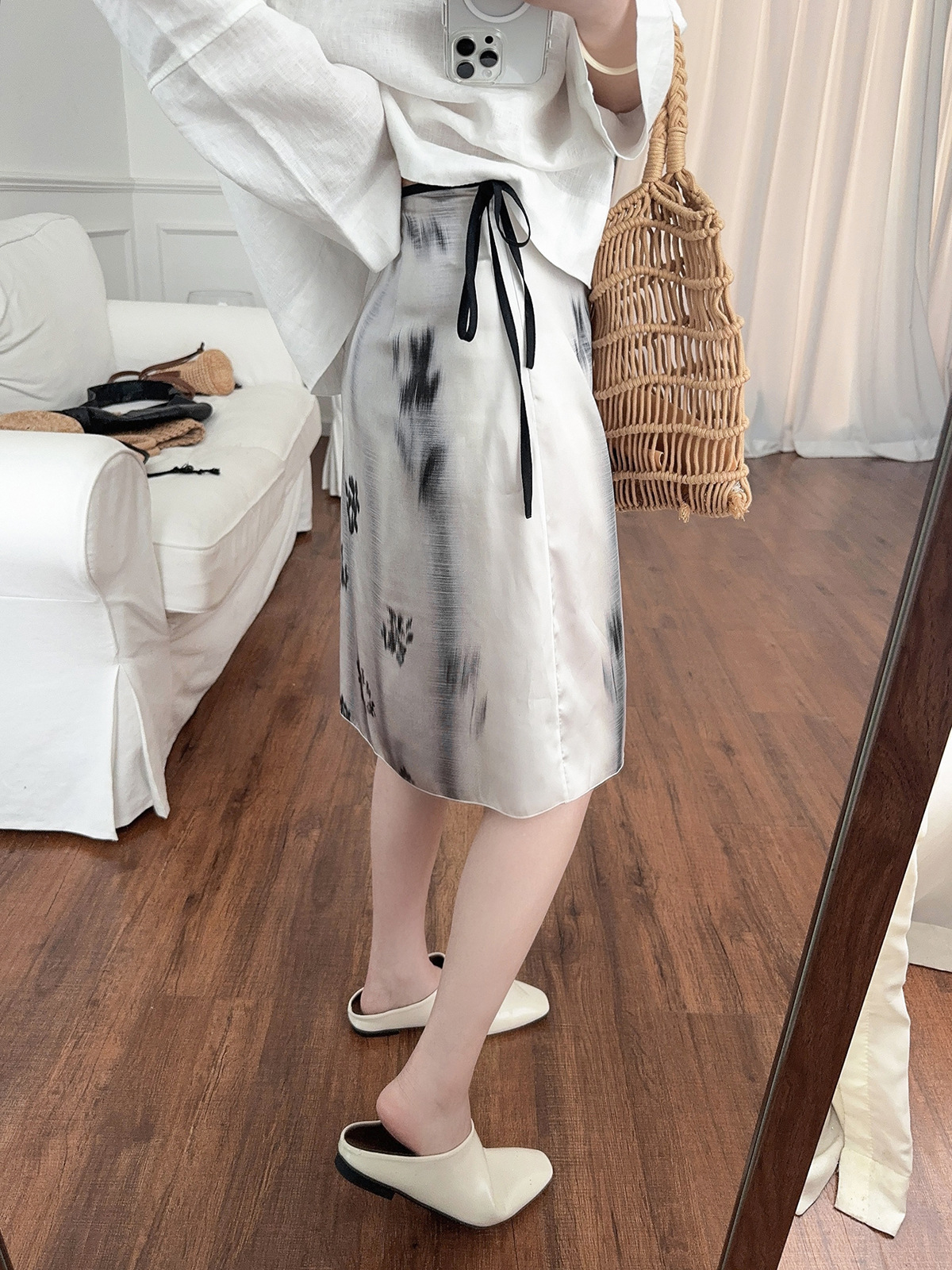 MD25女装新中式优雅晕染印花系结腰身过膝裙半身裙 05217897403详情24