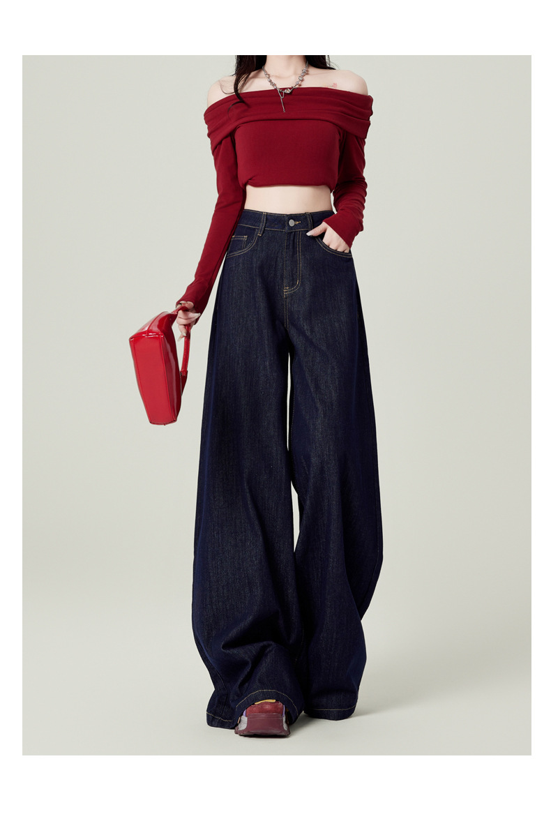 Autumn and winter new denim blue fleece jeans for women, wide-leg, high-waisted, loose design, large-sized versatile jeans 5664 pic 6