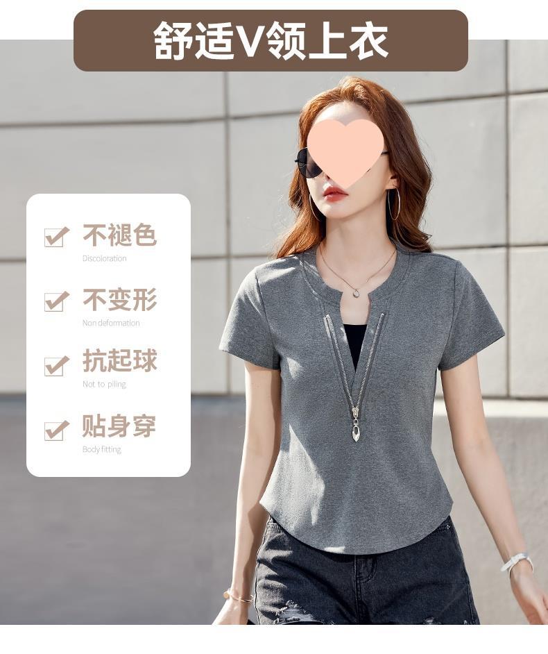 别致短袖t恤女装2025新款爆款夏季修身高腰假两件v领拉链短款上衣详情2
