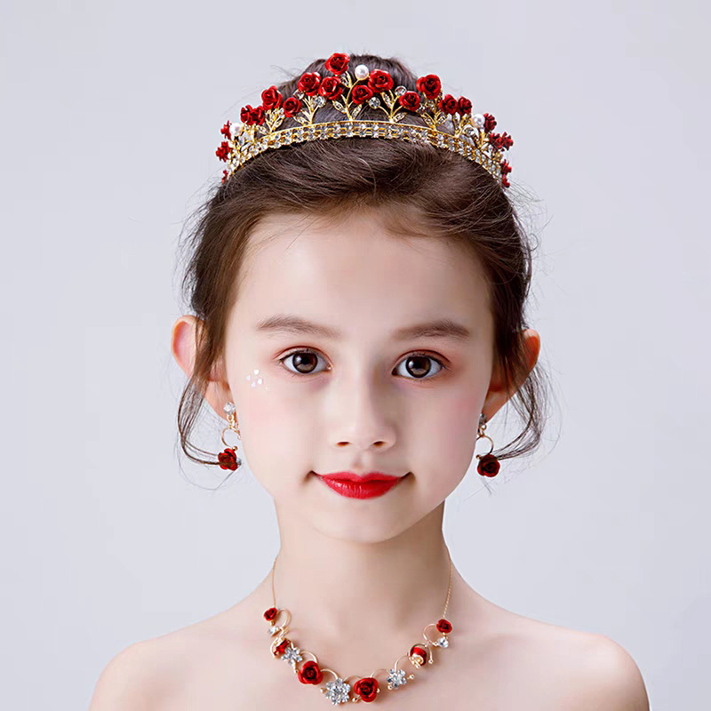 Nuevo compromiso barroco belleza temperamento rosas rojas princesa aros de pelo vestido de novia accesorios corona de novia pic 15