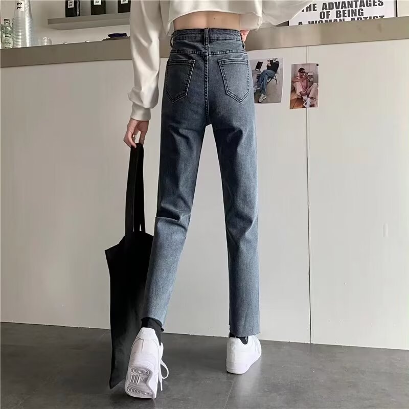 直筒牛仔裤女修身韩版2023春秋新款高腰烟管裤百搭显瘦九分裤子潮详情9