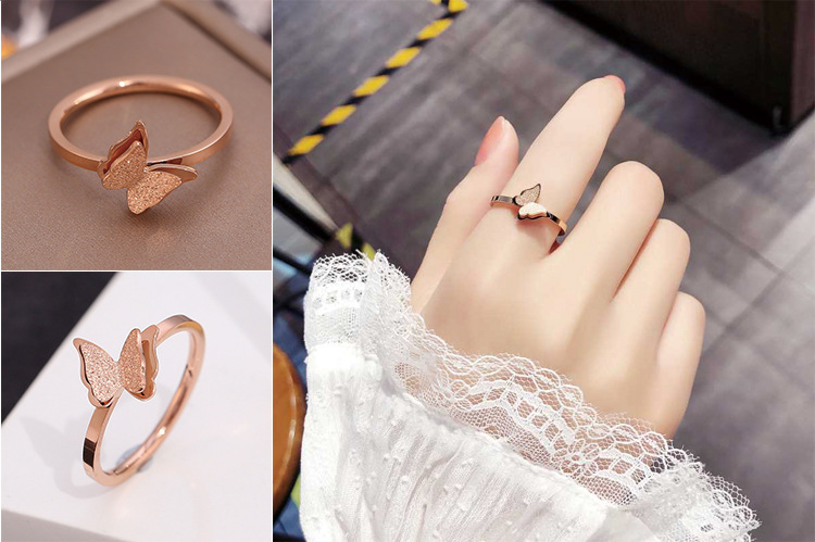 日韩版简约钛钢戒指 双层蝴蝶磨砂尾戒新款时尚浪漫女 不锈钢饰品详情7