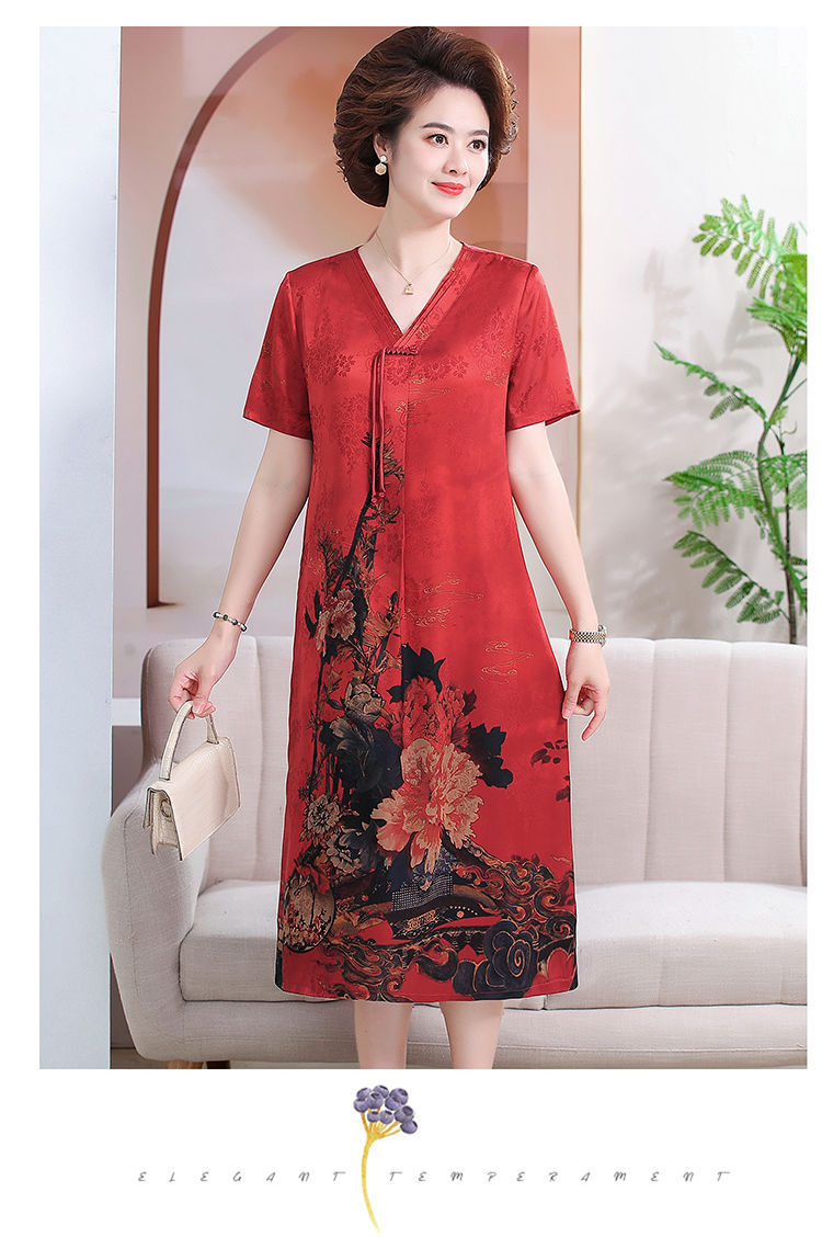 Mom 2024 New Chinese-style faux silk summer New printed dress, a loose and stylish mid-length dress for middle-aged and elderly people pic 11