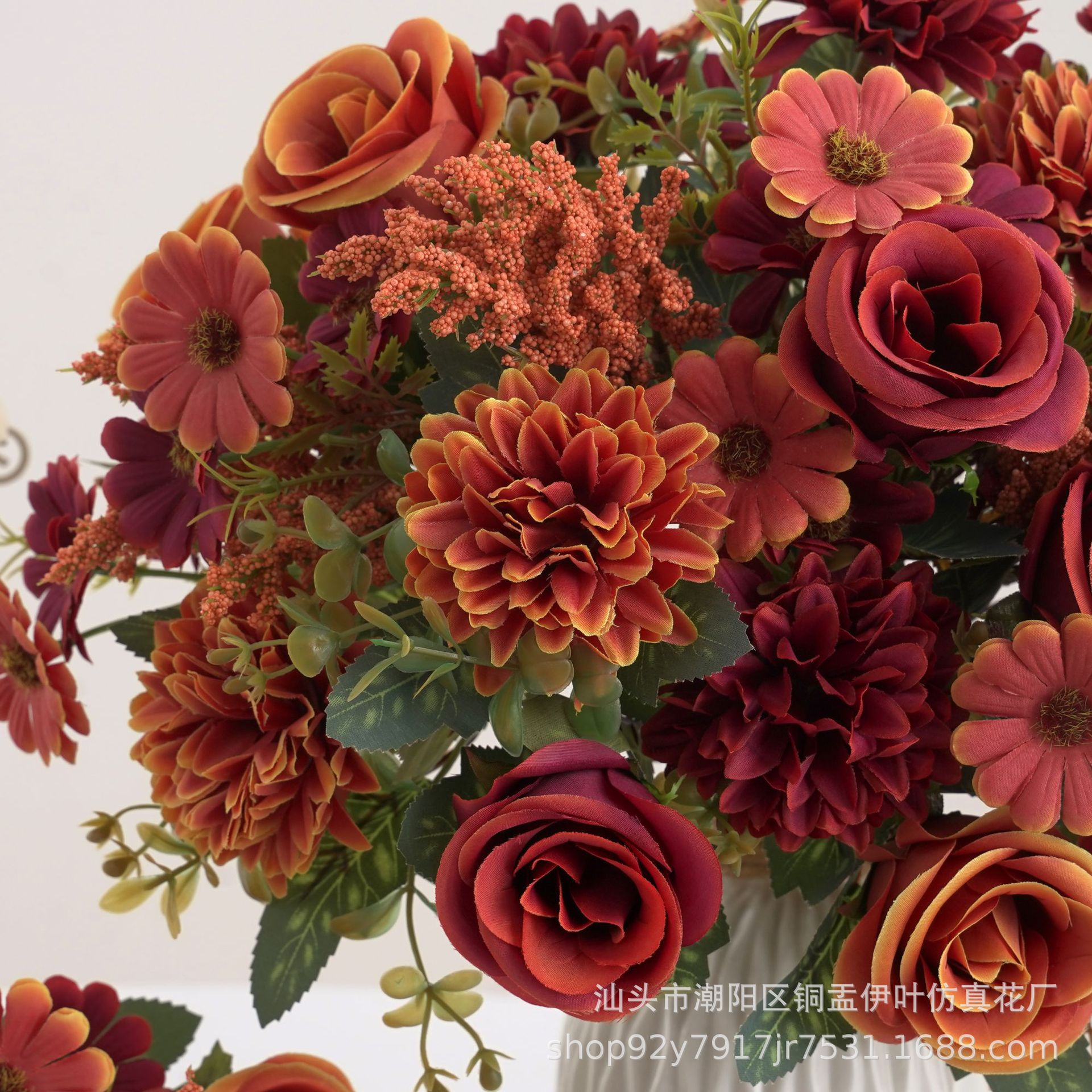 欧式仿真花假花7叉秋色玫瑰球菊手捧花绢花家居婚礼装饰花小把束详情2