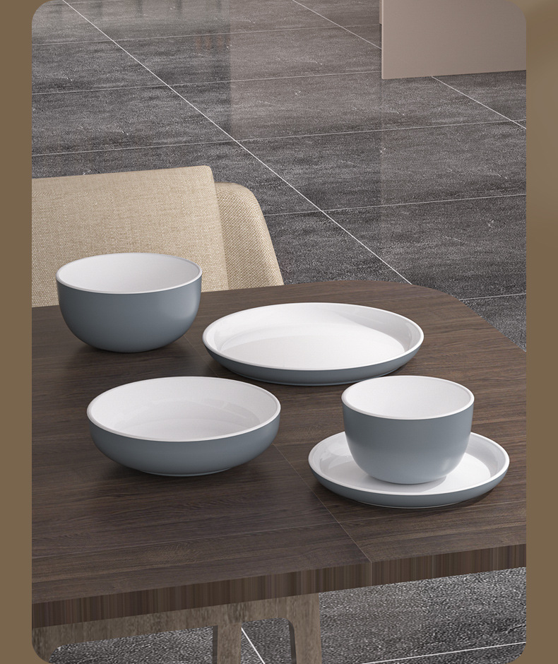 Customized two-color melamine tableware set, dinner plates, saucers, small plates, rice bowls, noodle bowls, soup bowls, fast food pic 8