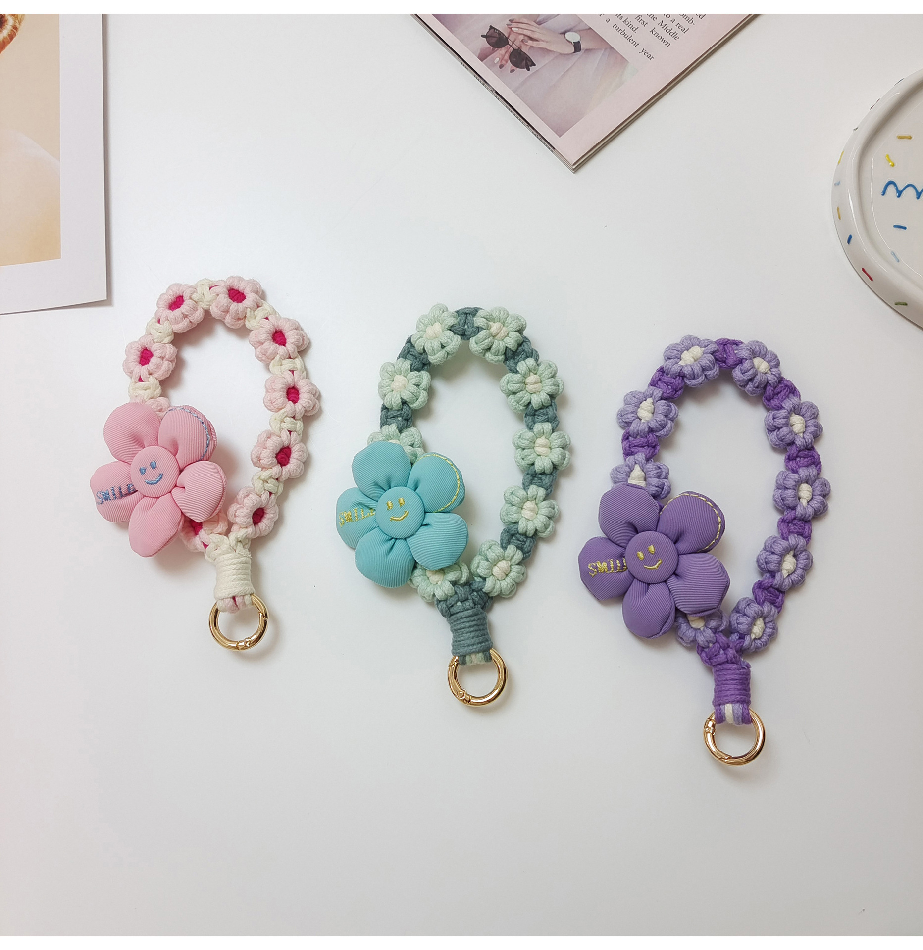 日韩可爱手工编织花朵钥匙扣手机挂件立体花花手腕挂绳手作礼品女详情3