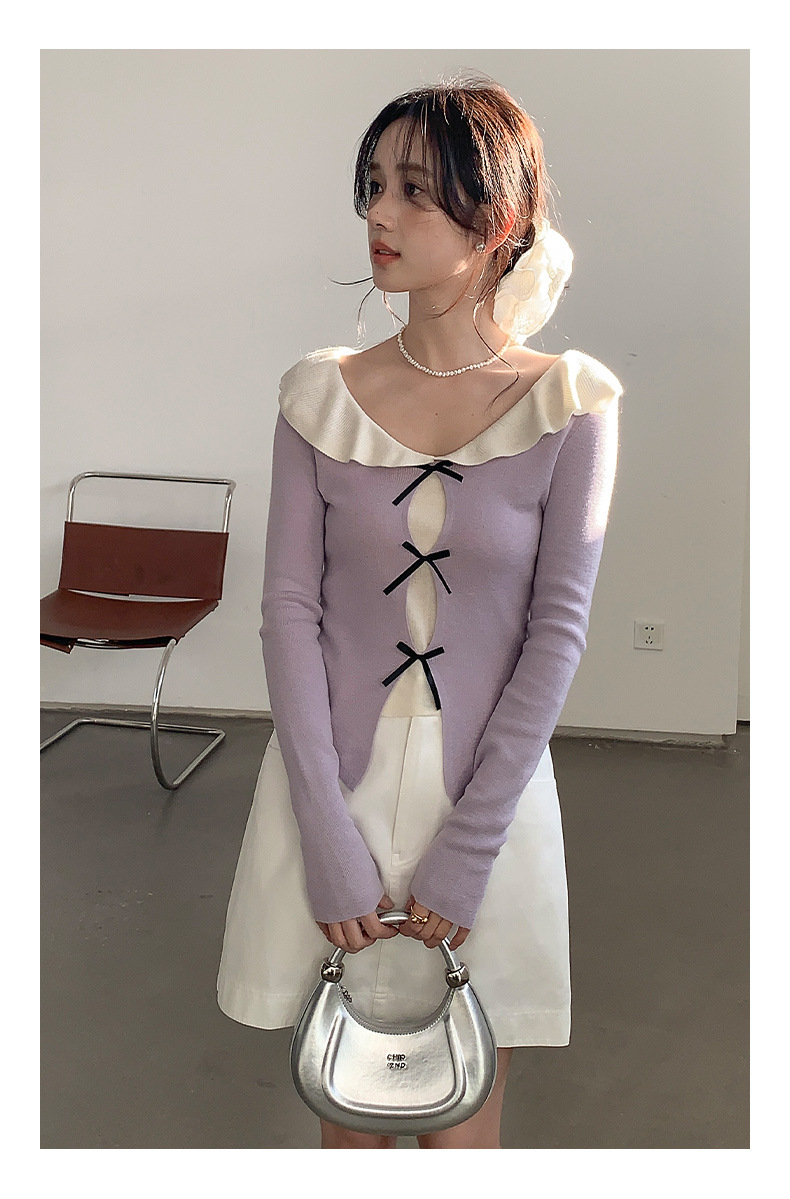 衣尔衫 设计感 假两件娃娃领蝴蝶结针织衫女短款温柔修身气质0337详情29