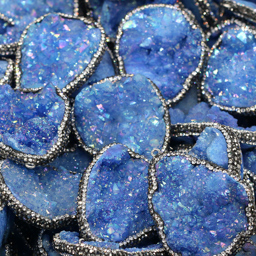 Natural semi-precious stone irregularly shaped agate crystal bud diamond-encrusted edge pendant DIY jewelry accessory, handcrafted wholesale pic 17