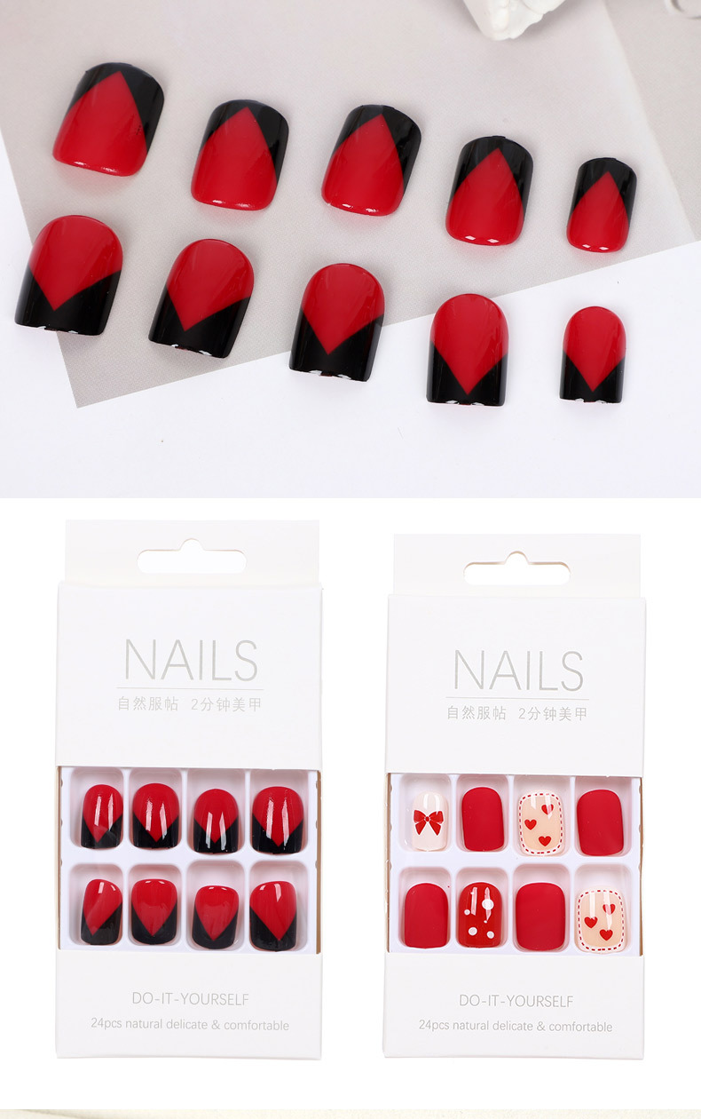 Checkered heart-shaped nail art mixed color printed false nail, colored stripe bow wearable nail, 24-piece finished nail pic 12