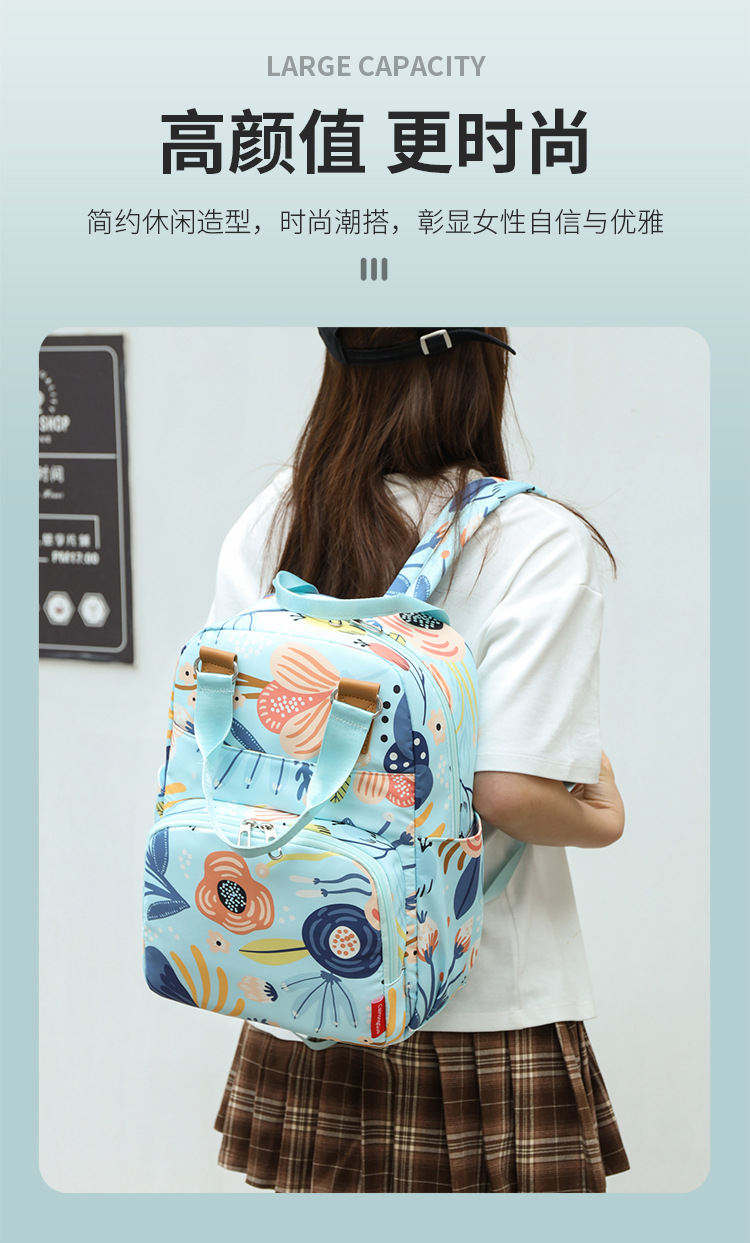 印花大容量外出双肩包时尚女背包婴儿奶瓶保温跨境热销母婴妈妈包详情2