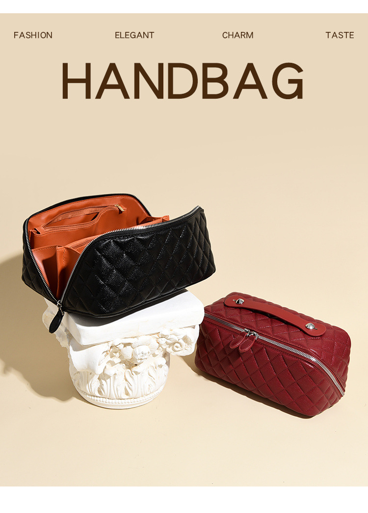 亚马逊跨境高品质pu化妆包菱格绗缝枕头包手提洗漱化妆品收纳包详情16