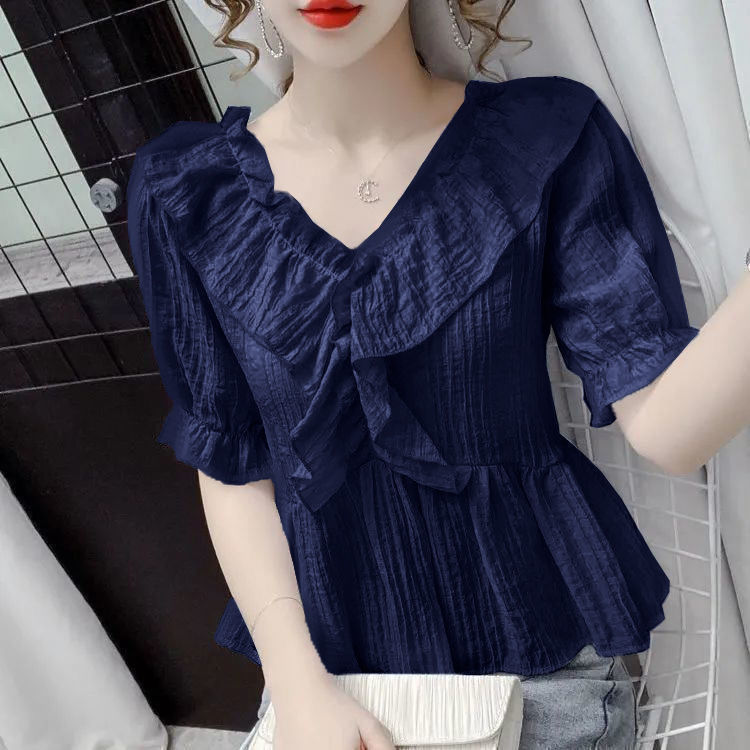 Summer new French V-neck bubble short-sleeved shirt for women, slimming, fashionable and elegant casual top for women chiffon pic 14