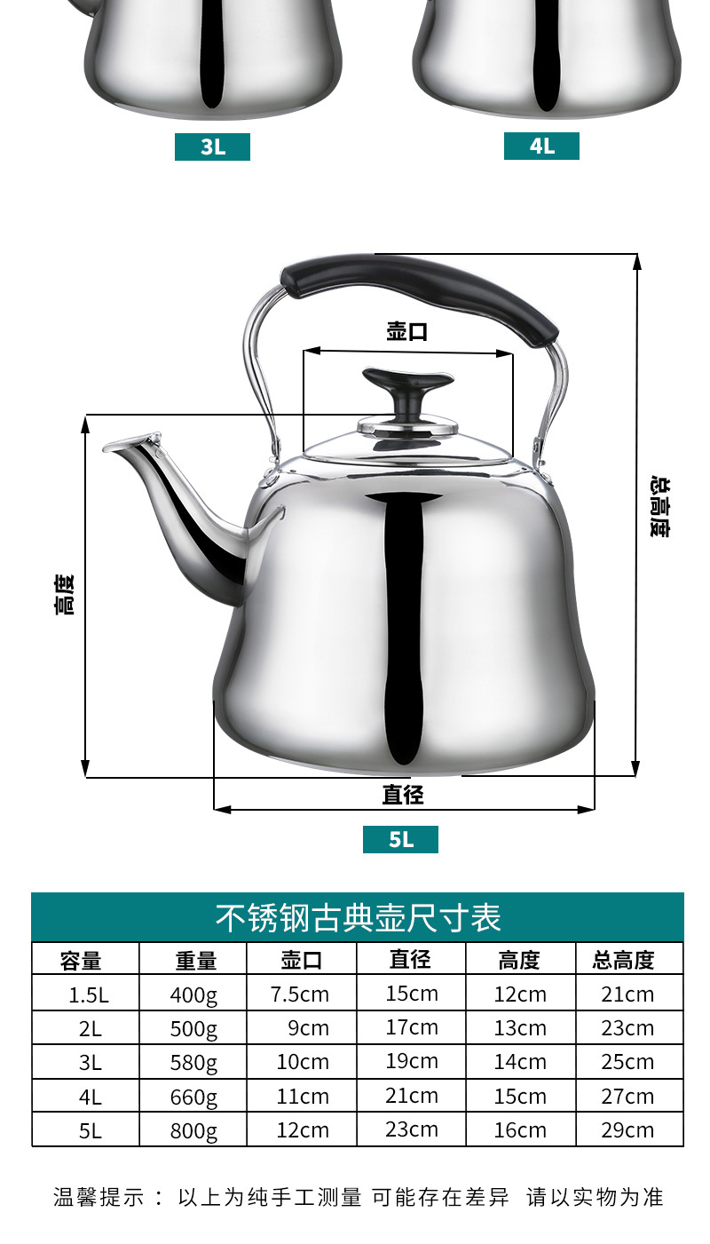 Factory direct sales of stainless steel water kettles, thickened classical kettles, large-capacity boiling water kettles, hot water kettles and teapots pic 12